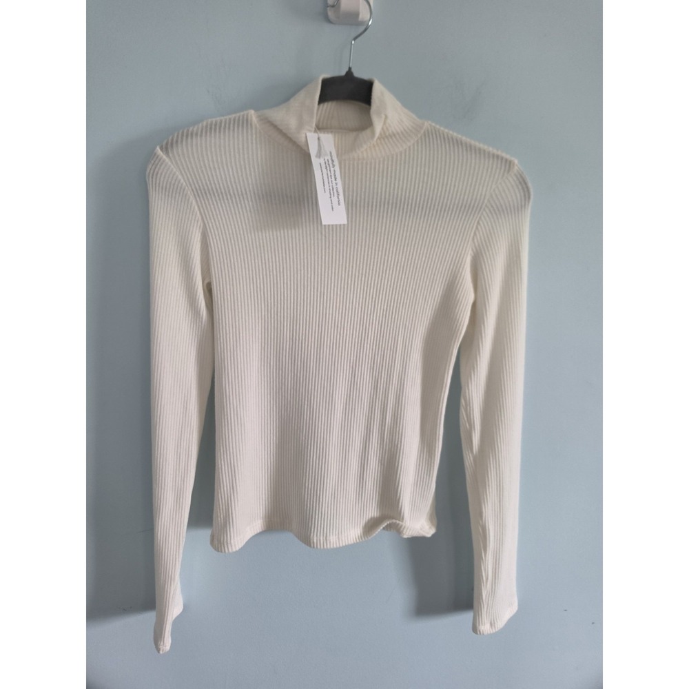 PerfectWhitetee White Stretch High Neck Ribbed Long Sleeve Quiet Luxury Top Sz M